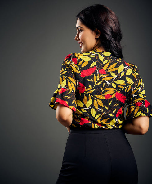 Mock-Neck Ruffle Cuff Print Top